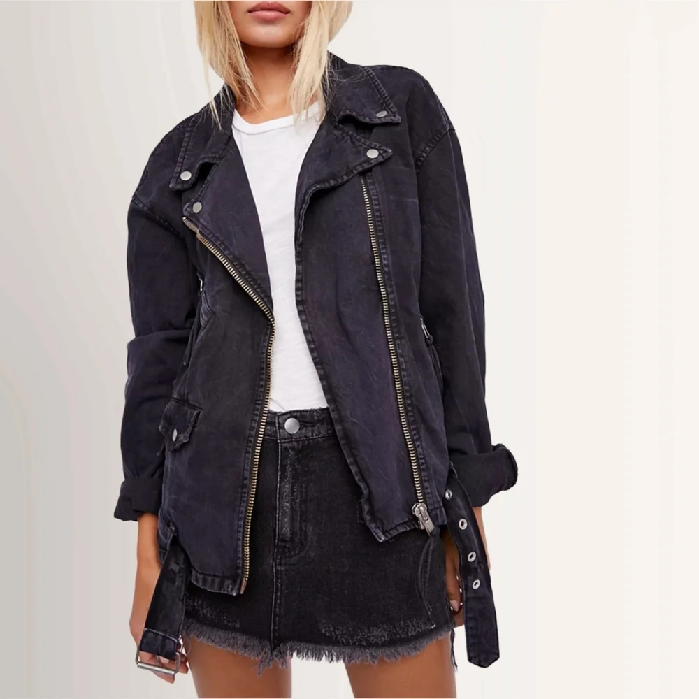 Free People Oversized Denim Belted Moto Jacket In Washed Black Size Small - Picture 1 of 8